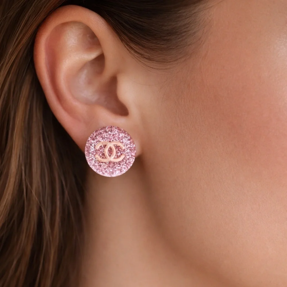 Chanel Pink Glitter CC Logo Round Earrings